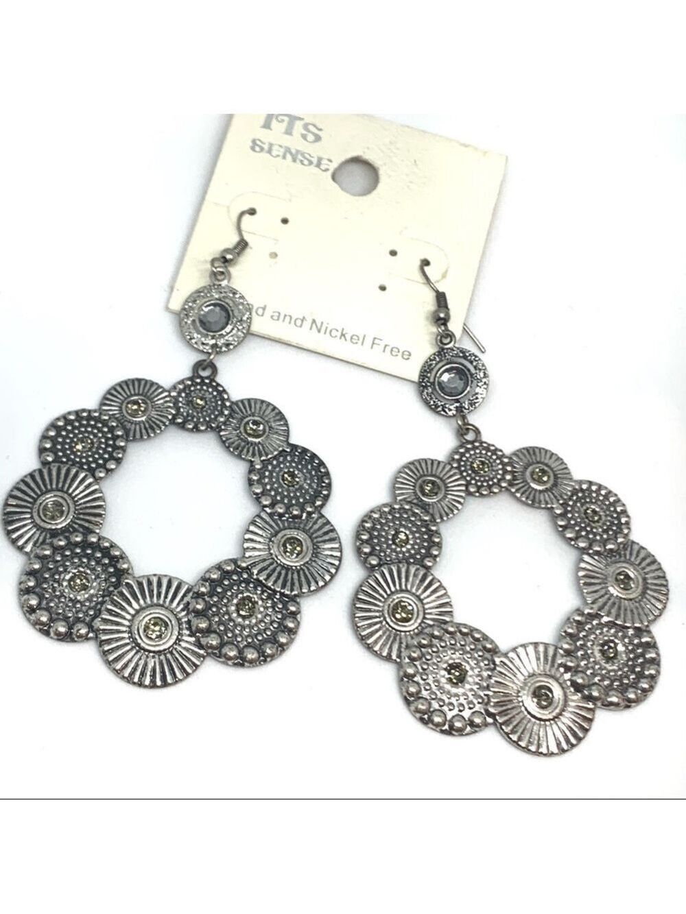 NEW-SILVER Discs Rhinestones Chandelier Earrings